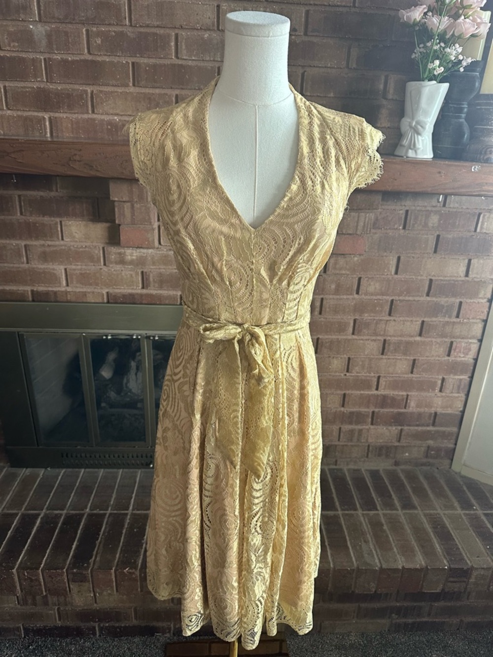 Eva Franco Gold Lace V-Neck Fit & Flare Dress Size 4 Boho Cottagecore Romantic